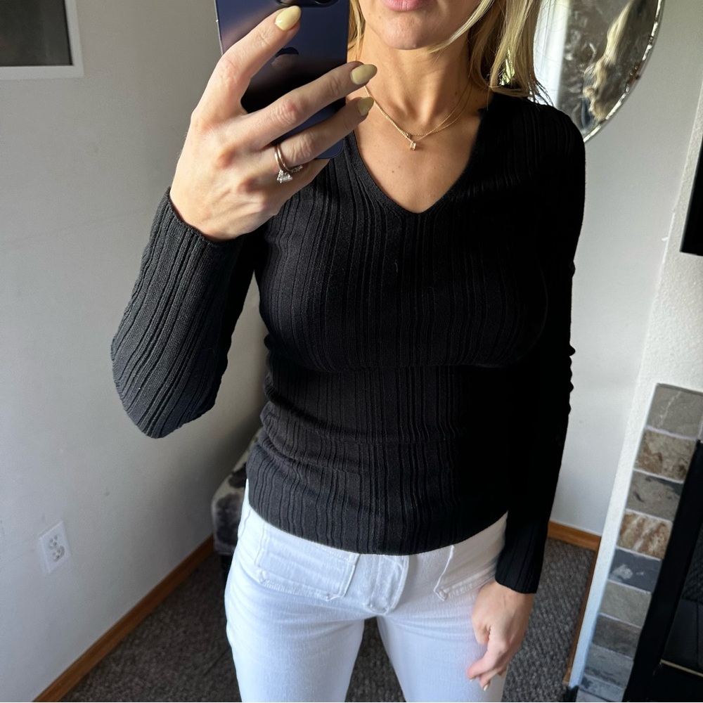 Topshop Black Ribbed V-Neck Long-Sleeve Sweater